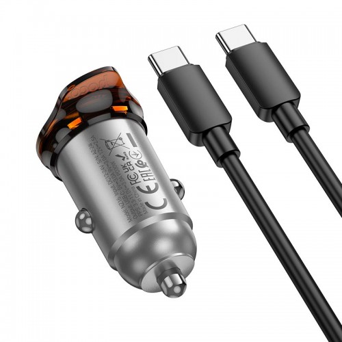 Адаптер автомобільний Hoco Rigorous single port Car charger NZ16 (Type-C to Type-C set) |1Type-C, 30W/3A, PD20W/QC| metal-grey
