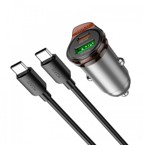 Адаптер автомобільний Hoco Rigorous dual port Car charger NZ16A (Type-C to Type-C set) |1USB/1Type-C, 43W/3A, PD25W/QC| metal-grey