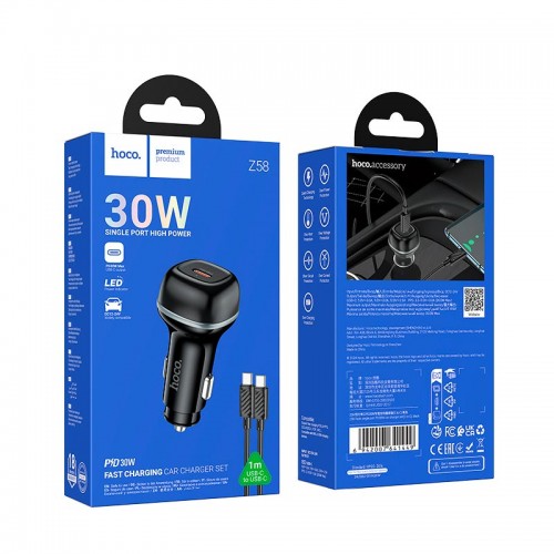 Адаптер автомобільний Hoco rank single port Car charger Z58 (Type-C to Type-C set) |1Type-C, 30W/3A, black