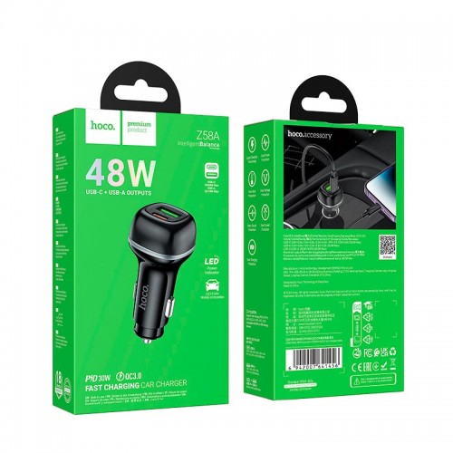 Адаптер автомобільний Hoco Rank dual port Car charger Z58A |1USB/1Type-C, 48W/3A, PD30W/QC| black
