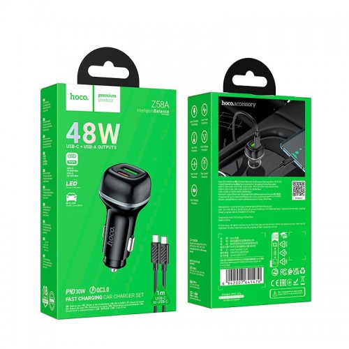 Адаптер автомобільний Hoco Rank dual port Car charger Z58A (Type-C to Type-C set) |1USB/1Type-C, 48W black