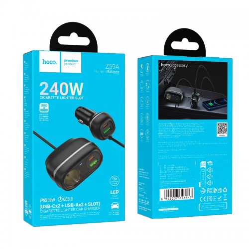 Адаптер автомобільний Hoco Rank Car charger Z59A |2USB/2TypeC/1 slot 240W cigarette lighter, PD30W/Q black
