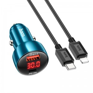 Адаптер автомобільний Hoco Type-C to Lightning Cable Leader dual-port Car charger with digital display set Z50 |1USB/1Type-C, 48W/3A, PD/QC| Sapphire-blue