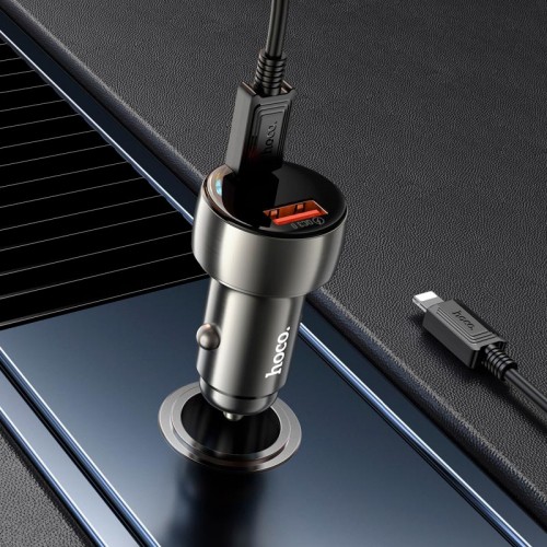 Адаптер автомобільний Hoco Type-C to Lightning Cable Leader dual-port Car charger with digital display set Z50 |1USB/1Type-C, 48W/3A, PD/QC| Sapphire-blue