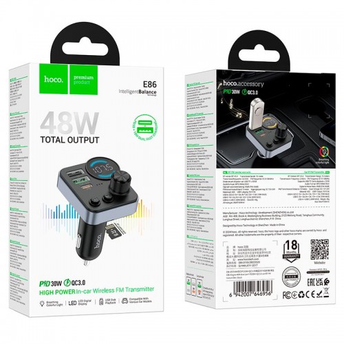 Адаптер автомобільний HOCO Alegria dual port car BT FM transmitter E86 |2USB/Type-C, 48W/3A, PD/QC| black