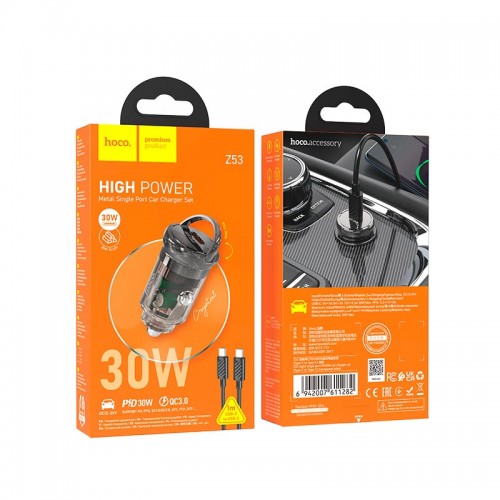 Адаптер автомобільний Hoco sight single Port Car charger Z53 (Type-C to Type-C set) |1Type-c, PD/QC, 30W/3A| transparent-black