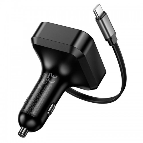 Адаптер автомобільний HOCO Guardian car charger with retractable cable NZ18 |1USB/1Type-C, 65W/3A, PD/QC| black