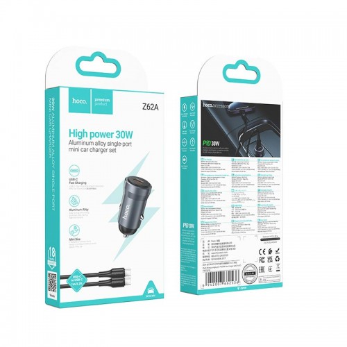 Адаптер автомобільний HOCO C to C cable Energy single port PD car charger Z62A |1Type-C, 30W/3A, PD/QC| metal-grey