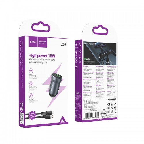 Адаптер автомобільний HOCO Energy single-port car charger Type-C set Z62 |1USB, 18W/3A, QC| grey