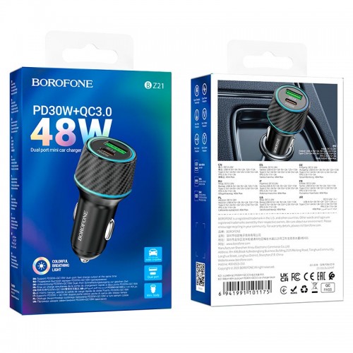 Адаптер автомобильный BOROFONE Brilliant dual port car charger BZ21 |1USB/1Type-C, 48W/3A, PD/QC|