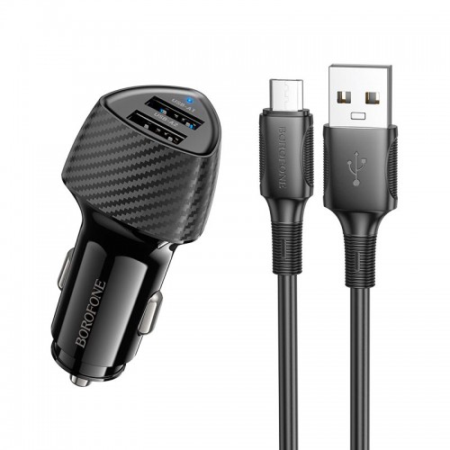 Адаптер автомобільний BOROFONE Solid dual-port car charger Micro USB Set BZ31A |2USB, 17W/3.4A Max| black