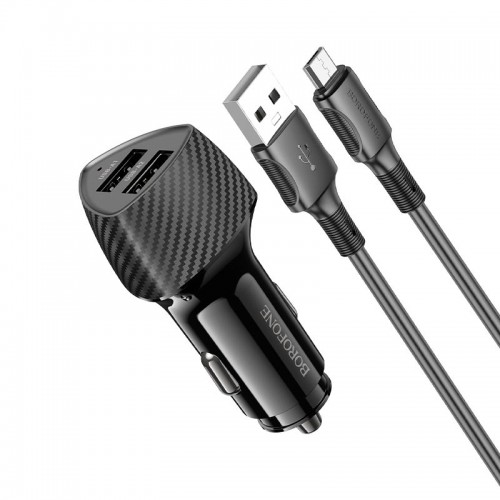 Адаптер автомобільний BOROFONE Solid dual-port car charger Micro USB Set BZ31A |2USB, 17W/3.4A Max| black
