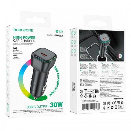 Адаптер автомобильный BOROFONE Trophie single port car charger BZ28 |1Type-C, 30W/3A, PD/QC|