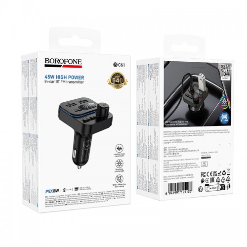 Автомобільний адаптер BOROFONE Ocean car BT FM transmitter BC61 |2USB/1Type-C, 45W/3A, PD/QC| black