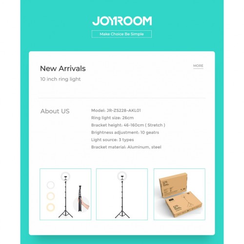 Тримач з кільцевим освітленням JOYROOM Touch Selfie Ring Light JR-ZS228 AKL01 |10", 2A, 2700-5700K| black