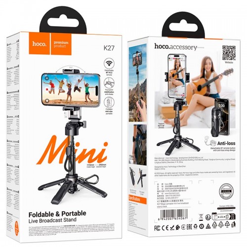 Селфі-монопод HOCO Magic portable mini live broadcast stand K27 |BT5.2, 115-390mm, 4.5-7", 2h| black