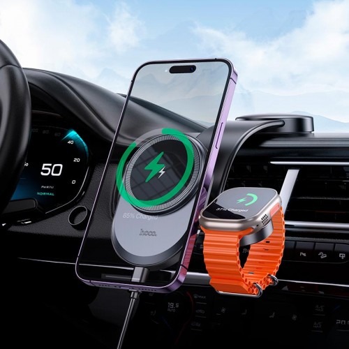 Тримач HOCO Excelso 2-in-1 wireless fast charging Car holder HW28 (center console) |15W, 4.5-7"| black-grey