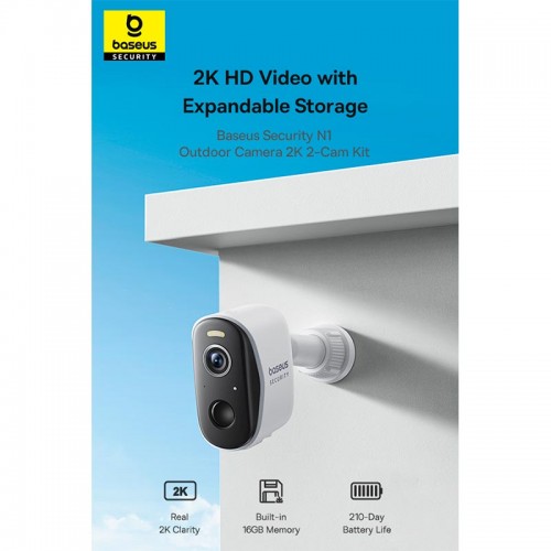 Камера відеоспостереження Baseus Security N1 Outdoor Camera 2k 2-cam Kit |145°, 16Gb eMMC (16TB Max), Color Night vision, IP67| white