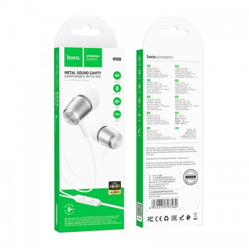 Навушники Hoco Spring metal universal earphones with mic M108 metal-grey