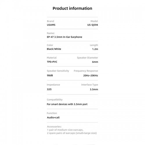 Навушники USAMS In-Ear Earphone US-SJ594 EP-47 |3.5mm| black