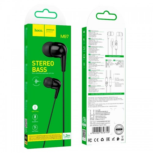 Навушники HOCO Enjoy універсальні цифрові earphones with microphone Type-C M97 |1.2M, Wire control| black