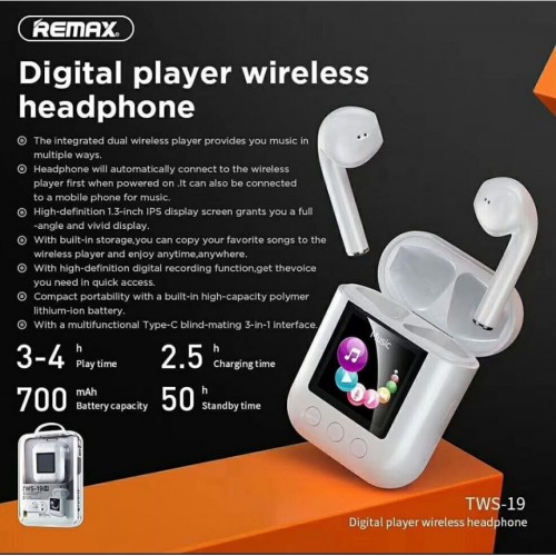Навушники Bluetooth REMAX Digital Player TWS-19 |BT5.0, IPX4| white