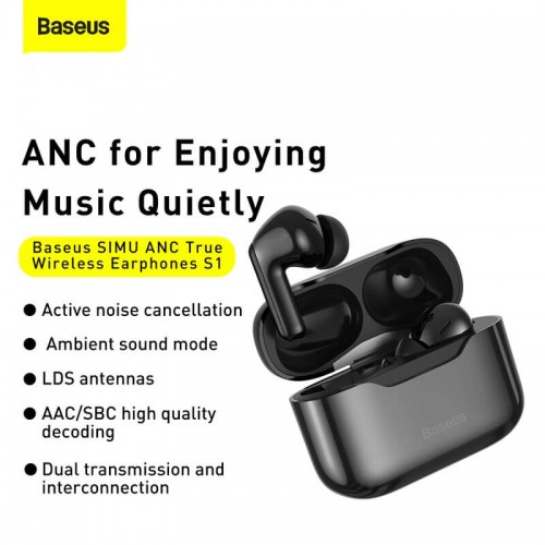 Навушники Bluetooth BASEUS SIMU ANC True Wireless Earphone S1 |BT5.1, 40/380mAh, 4.5/24Hours| (NGS1-02) white