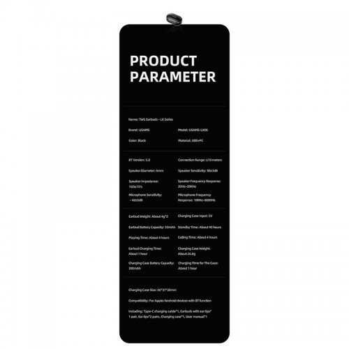 Навушники Bluetooth USAMS TWS Earbuds LX08 |BT5.0, 30/300mAh, 4h| black