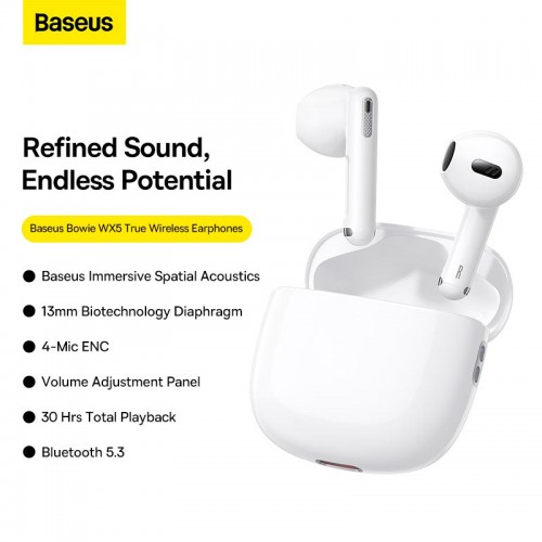 Навушники BASEUS CN Bowie WX5 True Wireless Earphones |BT5.3, 40/400mAh,ENC, 6.5h| white