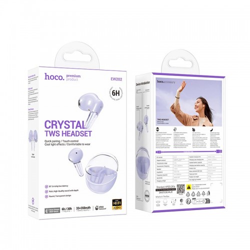 Навушники Hoco Magic true wireless BT headset EW202 |BT5.4, 35/350mAh, 6h, ipx4| purple