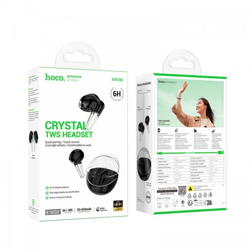 Наушники HOCO Magic true wireless BT headset EW202 |BT5.4, 35/350mAh, 6h, ipx4| black