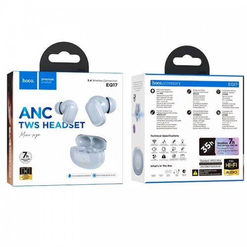 Навушники HOCO Praise true wireless ANC noise cancelling BT headset EQ17 |BT5.4, 40/400mAh, 7h| white