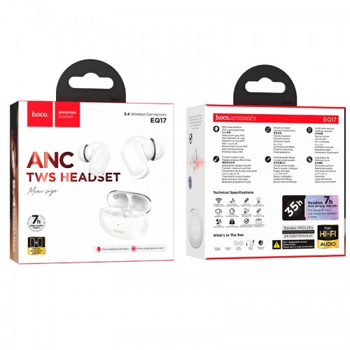 Навушники HOCO Praise true wireless ANC noise cancelling BT headset EQ17 |BT5.4, 40/400mAh, 7h| white