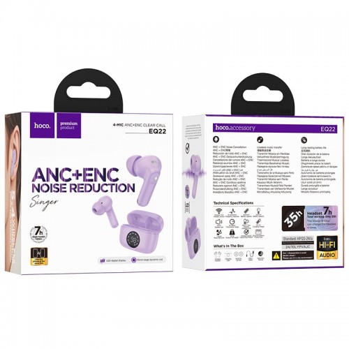 Навушники HOCO singer true wireless ANC + ENC noise reduction BT headset EQ22 |BT5.4, 40/400mAh, 6-7h| purple