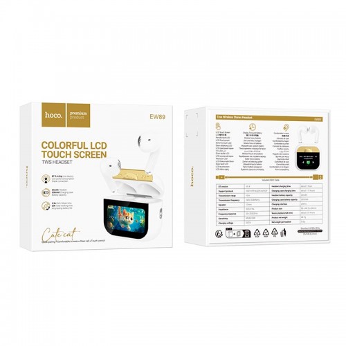 Навушники HOCO Kissa true wireless touch screen BT headset EW89 |BT5.4, 25/300mAh, 3.5/20h| white