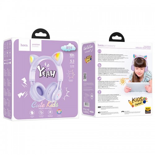 Наушники HOCO Cat ear kids BT headphones W39 |BT5.3, AUX, 10H, 85db|