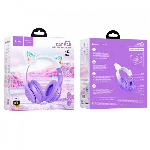 Навушники Hoco Cat ears BT headphones W42 |BT5.3, AUX/TF, 10h| Purple grape