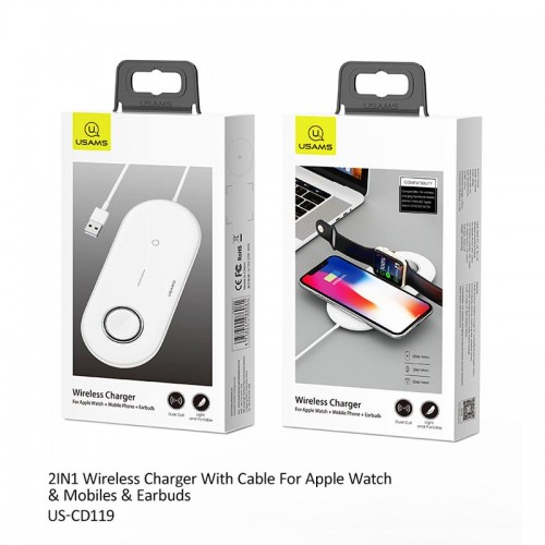 Зарядка Qi USAMS 2in1 Wireless Charger With Cable для Apple Watch & Mobiles US-CD119 |2A, 2W/10W| white