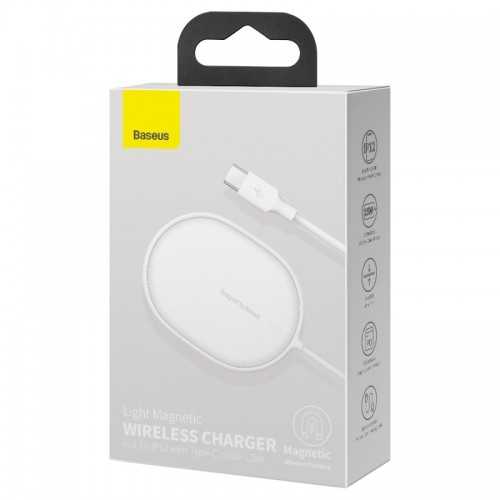 Зврядка Qi BASEUS Light Magnetic Wireless Charger (suit for IP12 with Type - C cable) |15W| (WXQJ-02} white