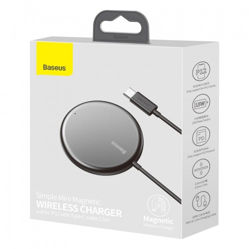 Зарядка Qi BASEUS Simple Mini Magnetic Wireless Charger (suit for Iphone 12 with Type-C cable 1.5 m) black