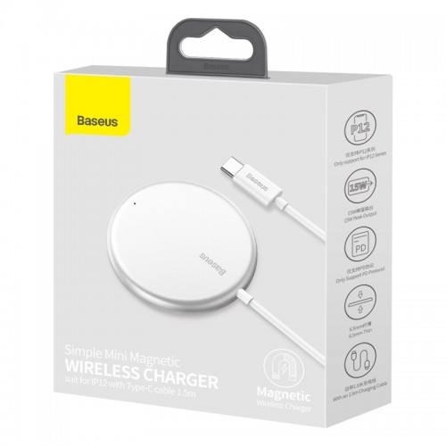 Зарядка Qi BASEUS Simple Mini Magnetic Wireless Charger (suit for Iphone 12 with Type-C cable 1.5 m) white