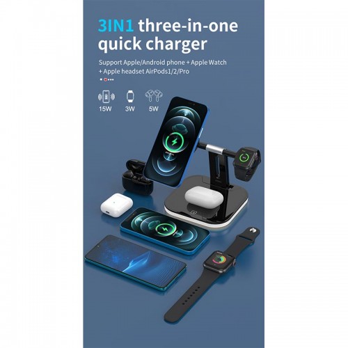 Зарядка Qi 3in1 LED Magnetic wireless charger JYD-WC101 |15W Max|
