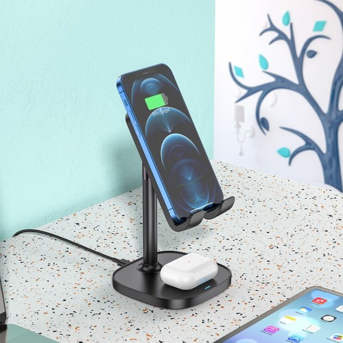 Зарядка Qi HOCO Thorough 2-in-1 stand with wireless fast charging CW37 |5-15W Max, PD/QC, 178mm|