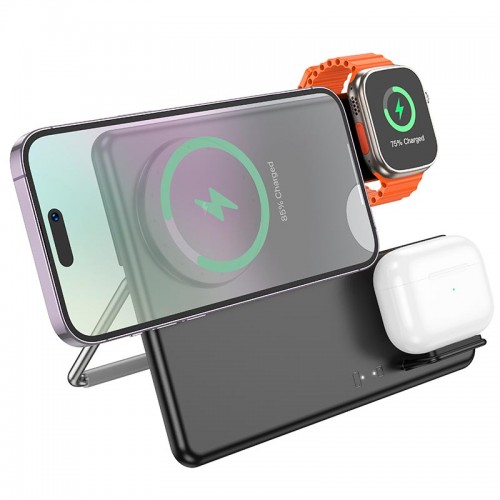 Зарядка Qi HOCO Geek folding 3-in-1 magnetic wireless fast charger CQ1 (iWatch/phone/earphone, 15wqi, 27w Type-C) black