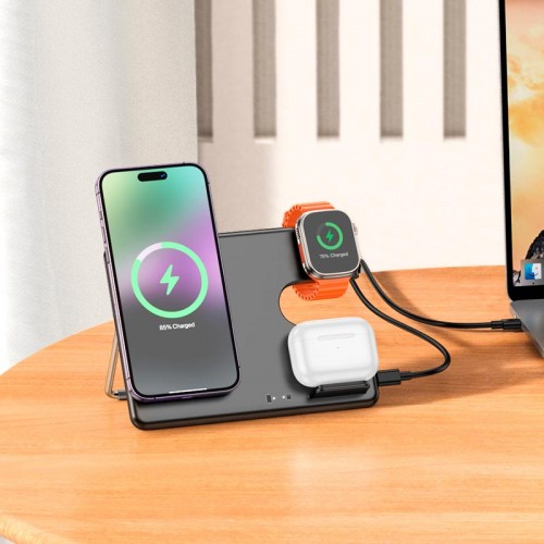 Зарядка Qi HOCO Geek folding 3-in-1 magnetic wireless fast charger CQ1 (iWatch/phone/earphone, 15wqi, 27w Type-C) black