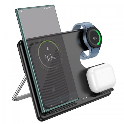 Зарядка Qi Hoco Flash folding 3-in-1 wireless fast charger CQ2 (Sam Watch / phone / earphone, 15wqi, 27w Type-C) black