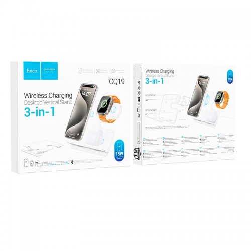 Зарадка Qi HOCO Falcon 3-in-1 desktop vertical wireless fast charging CQ19 |15W| silver