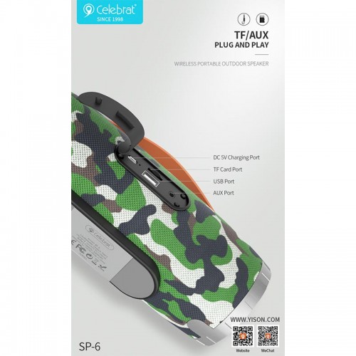 Акустика CELEBRAT TWS SP-6 |AUX/USB/TF/FM/BT5.0, 5W*2| Camouflage-Green