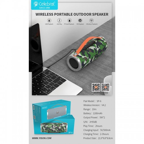 Акустика CELEBRAT TWS SP-6 |AUX/USB/TF/FM/BT5.0, 5W*2| Camouflage-Green