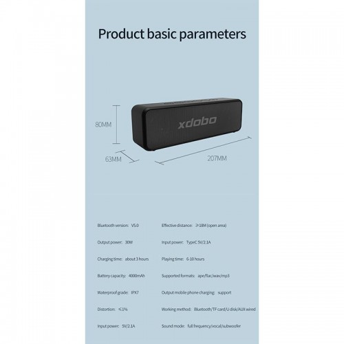 Акустика xdobo X5 IPX6 |BT5.0, DSP, 30W, TWS, AUX/TF/USB, 8h Max|